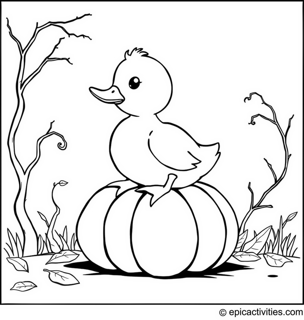 Coloring page of a Cute Duck Sitting on a Pumpkin in a Halloween Setting