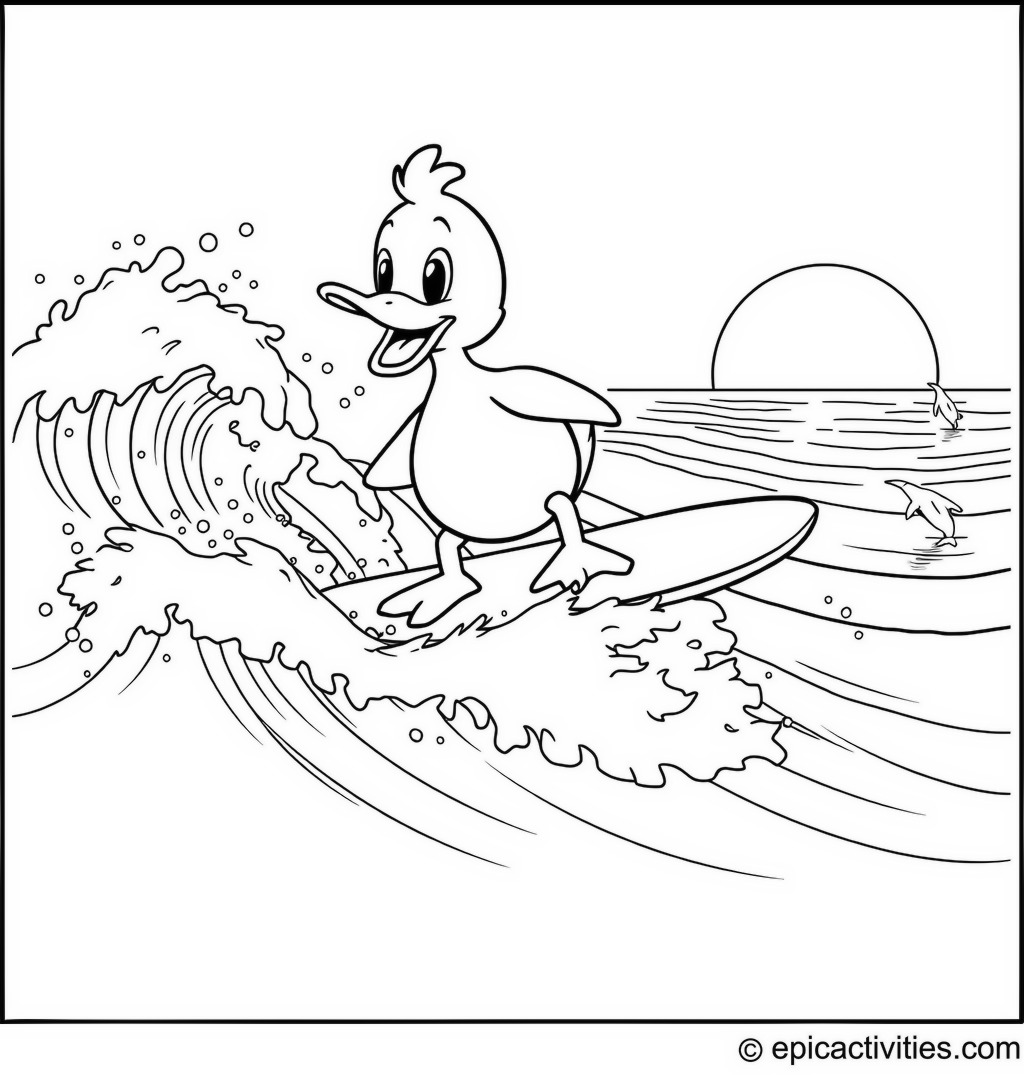 Coloring page of a Cute Duck Surfing Adventure