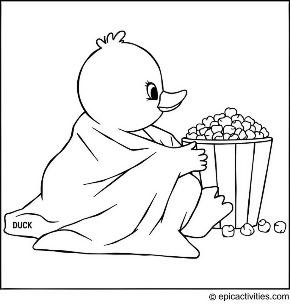 Coloring page of a Cute Duck Watching TV with Popcorn
