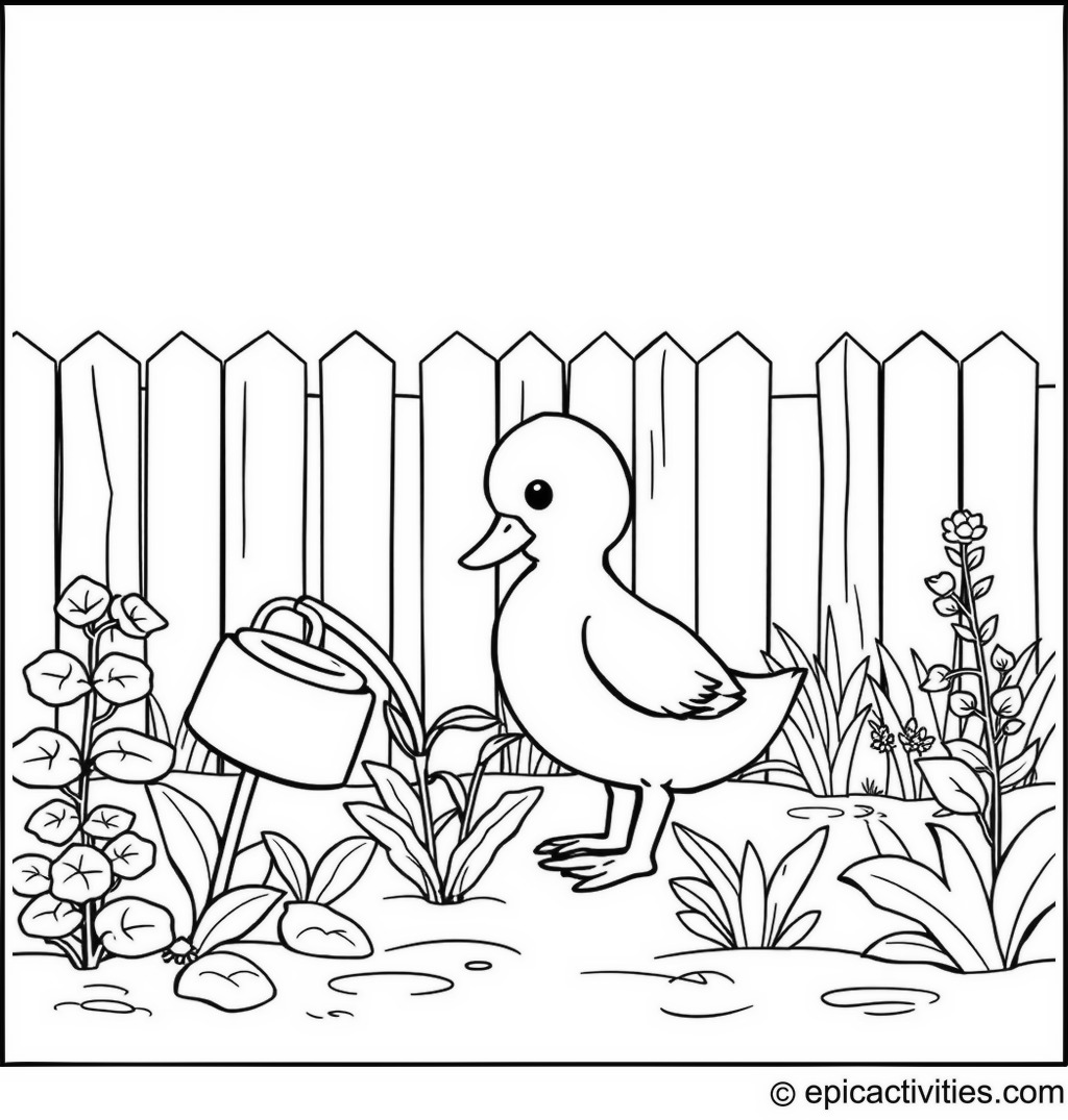 Coloring page of a Cute Duck Watering Plants in a Garden