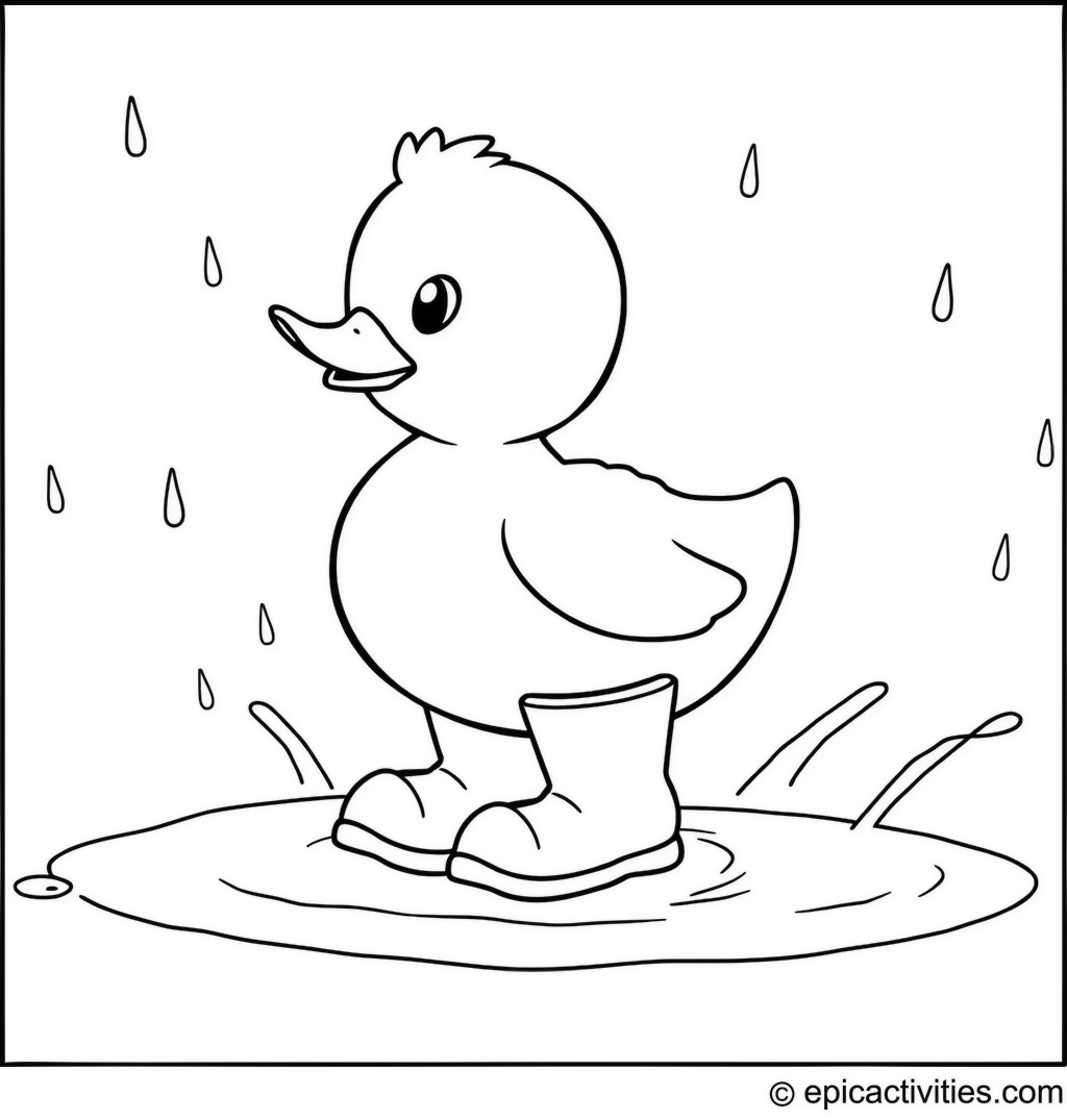 Coloring page of a Cute Duck Wearing Rain Boots Splashing in Puddles