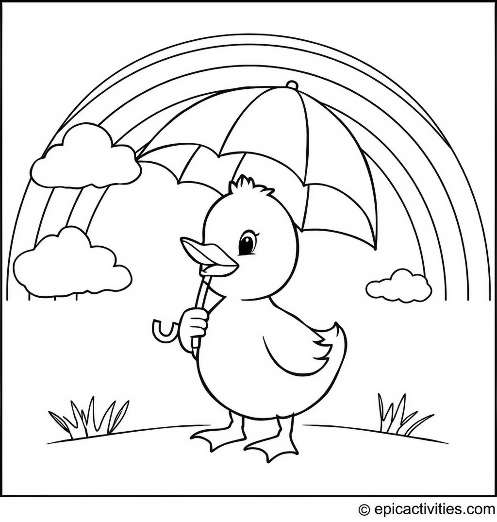 Coloring page of a cute duck with an umbrella under a rainbow