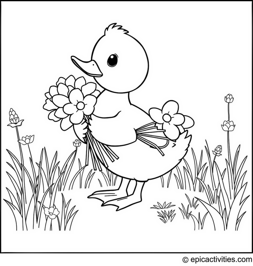 Coloring page of a Cute Duck with Oversized Flowers Bouquet in a Meadow