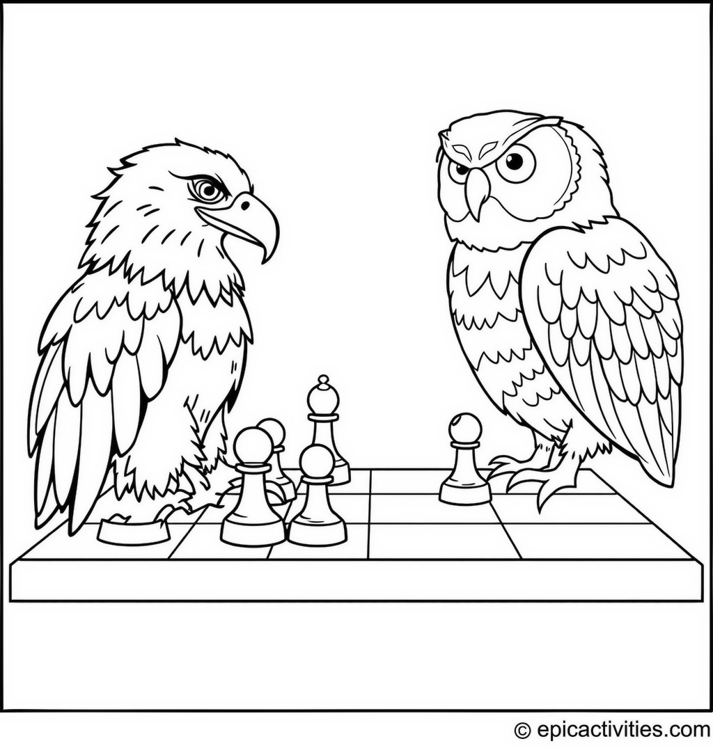 Coloring page of a cute eagle and a wise owl playing chess