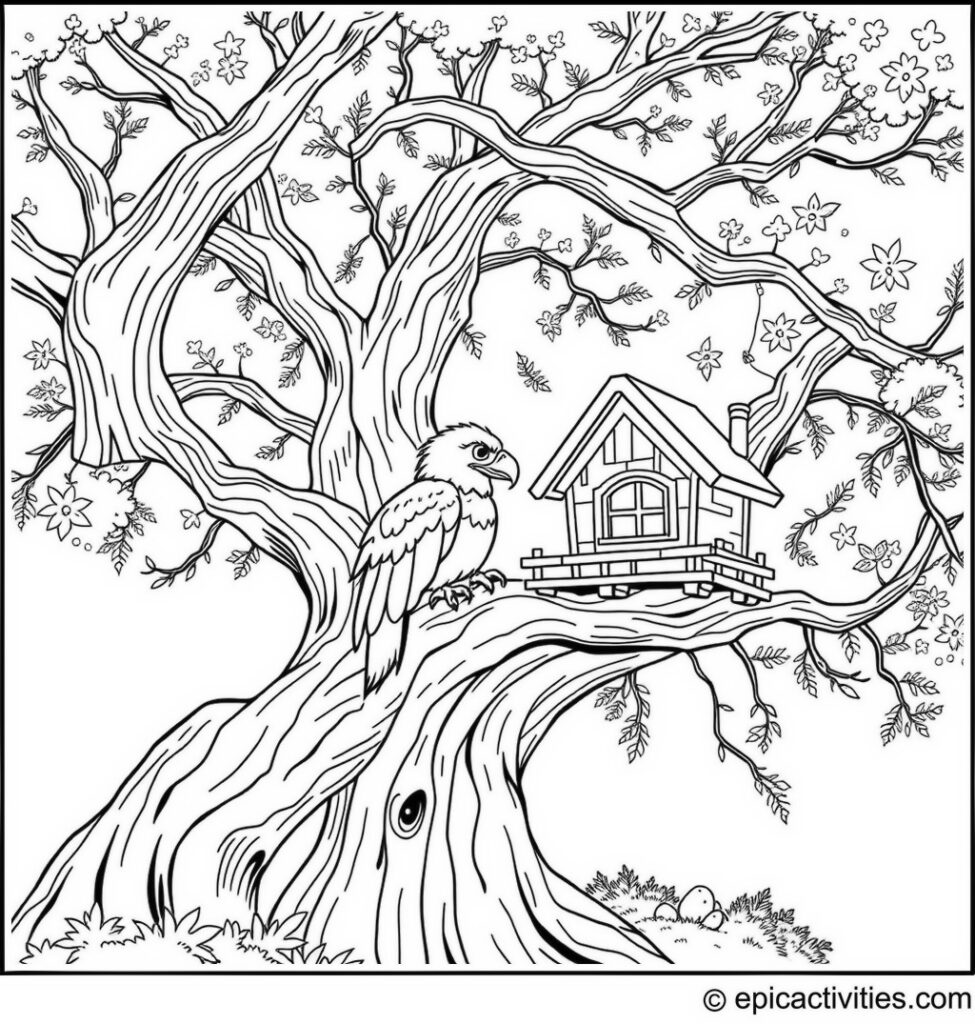 Coloring page of a cute eagle building a treehouse in a large, sturdy tree