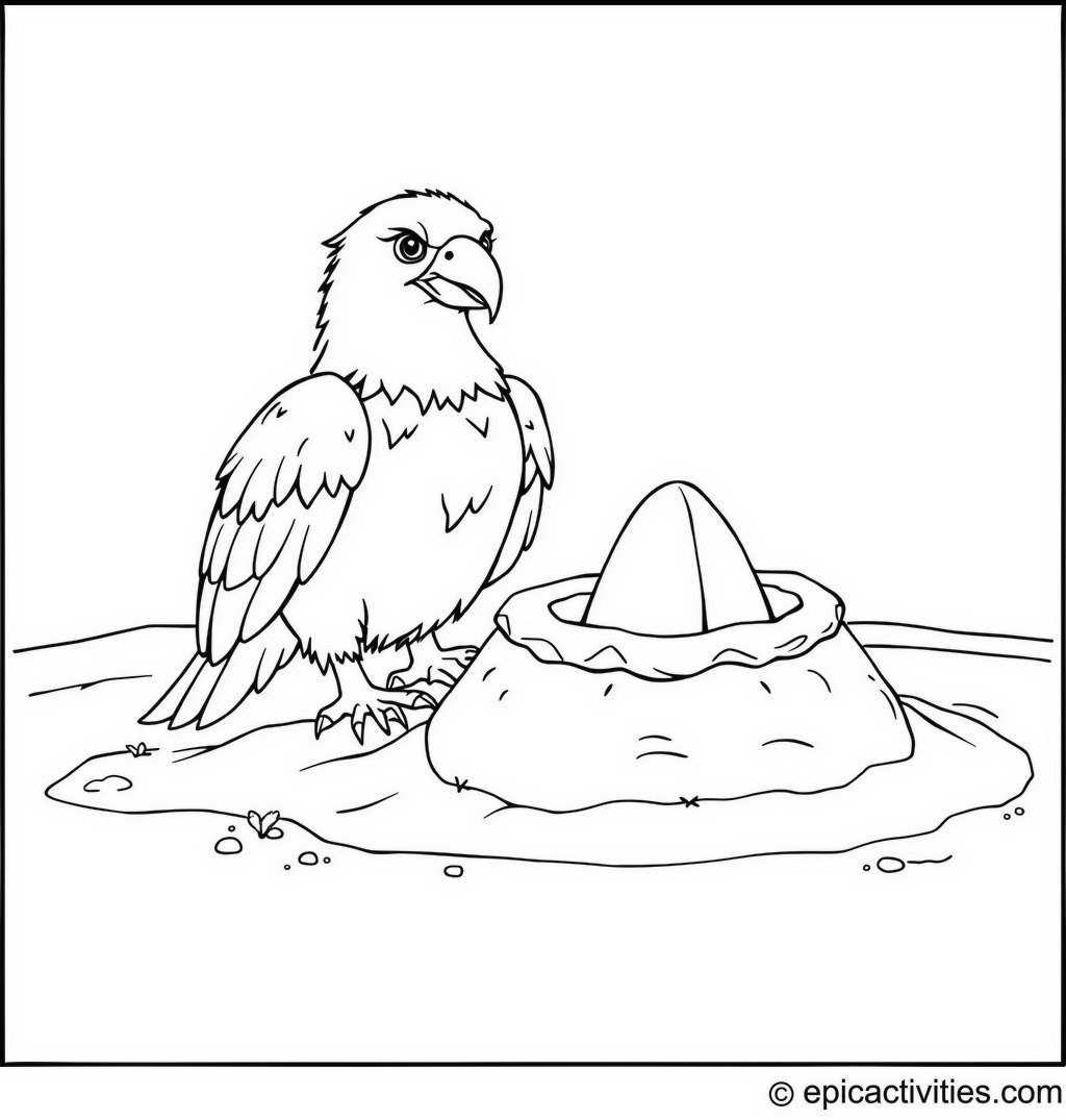 Coloring page of a cute eagle building an eagle’s nest sandcastle at the beach