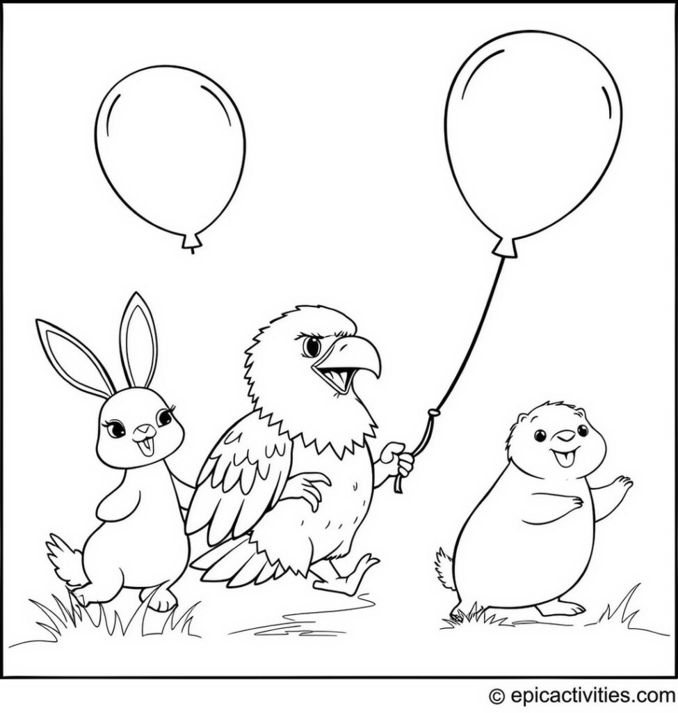 Coloring page of a cute eagle, bunny, and mole having a balloon race
