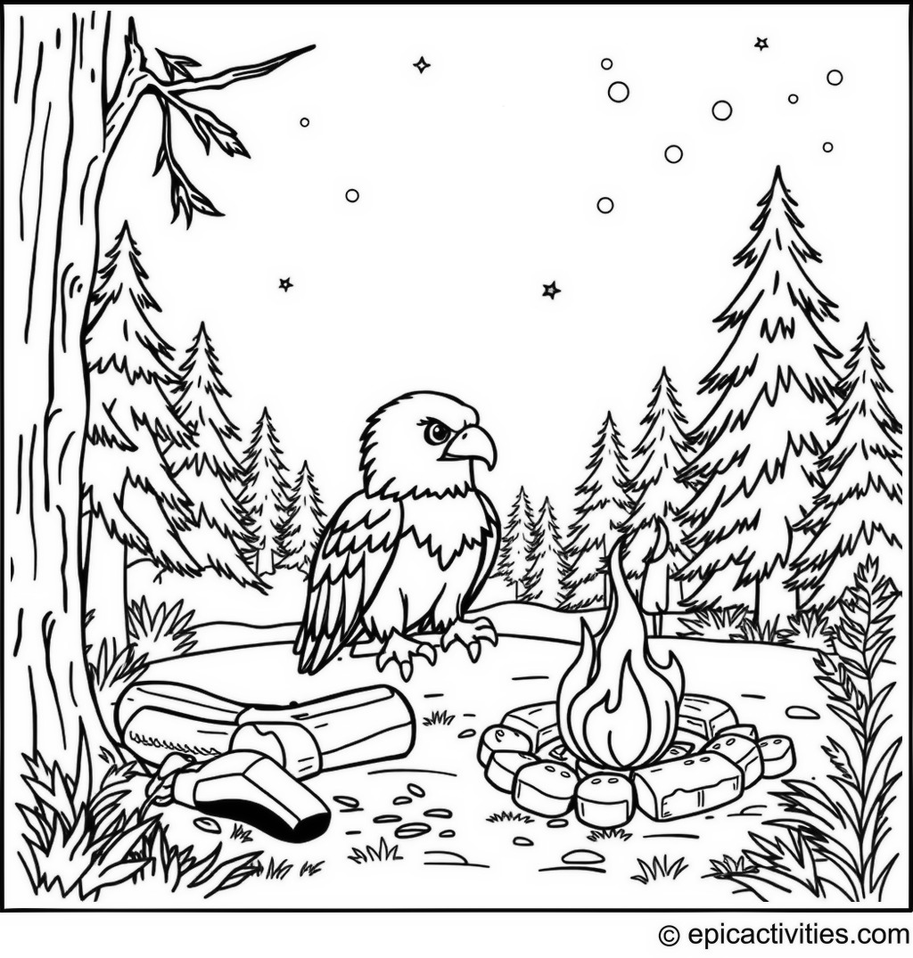 Coloring page of a cute eagle camping in a serene forest setting with a bonfire and marshmallows