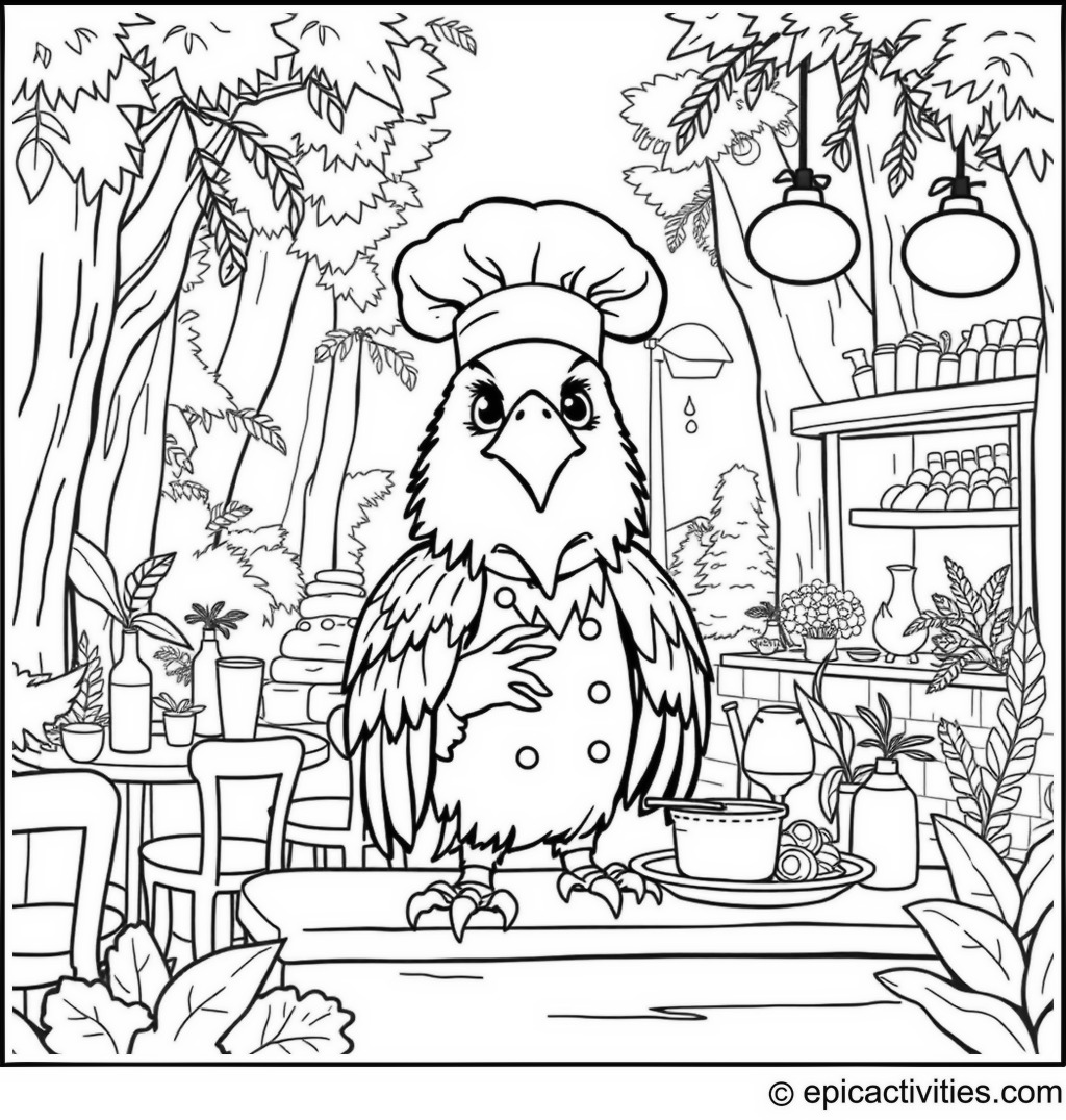 Coloring page of a cute eagle chef in a bustling forest restaurant