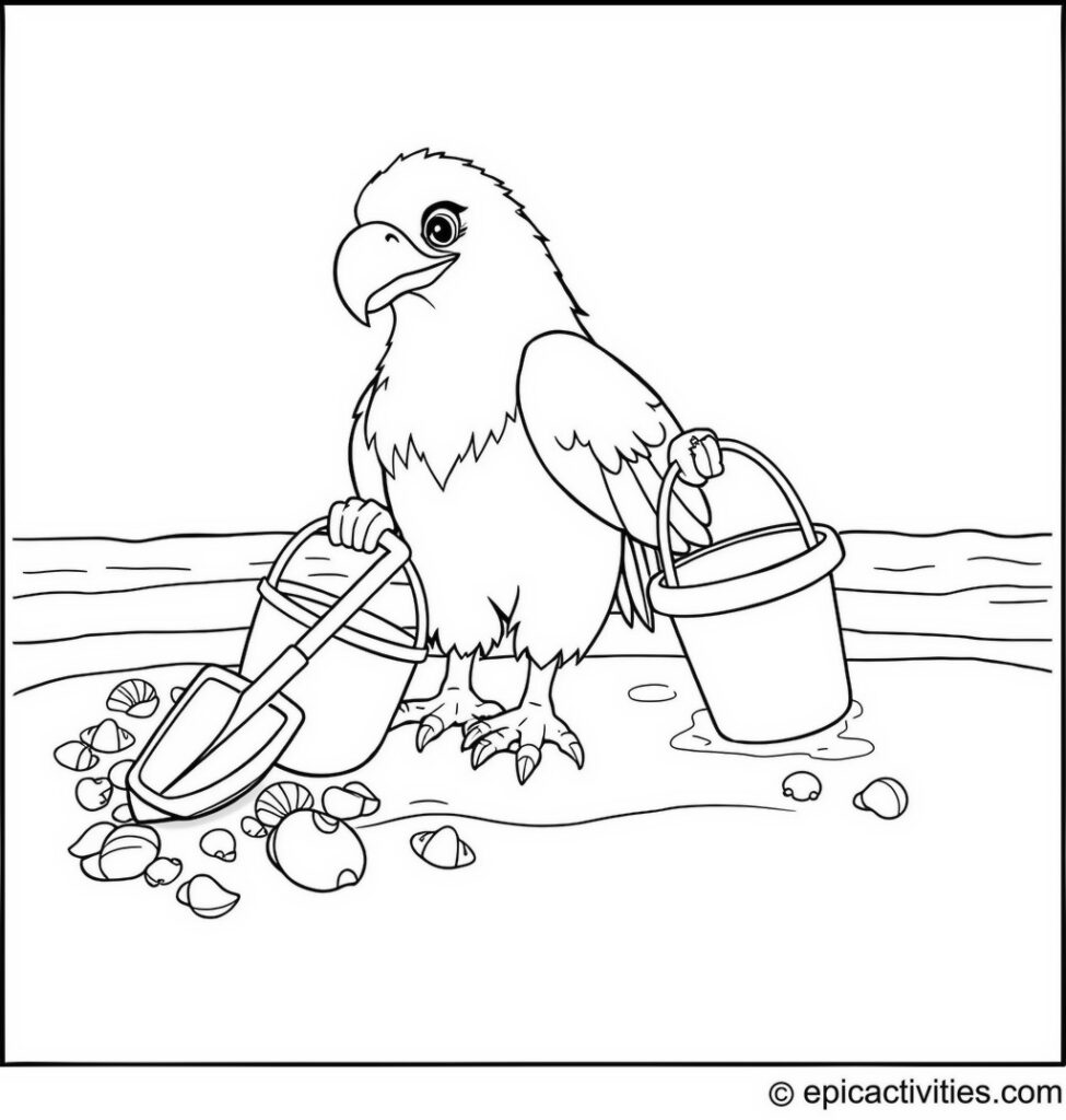 Coloring page of a cute eagle collecting seashells along the shore with a bucket and shovel