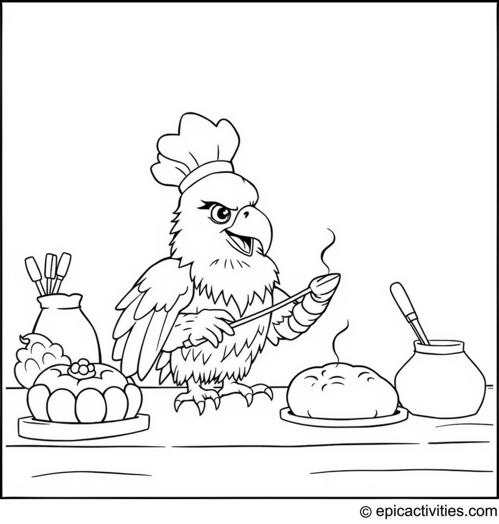 Coloring page of a cute eagle competing in a friendly baking contest