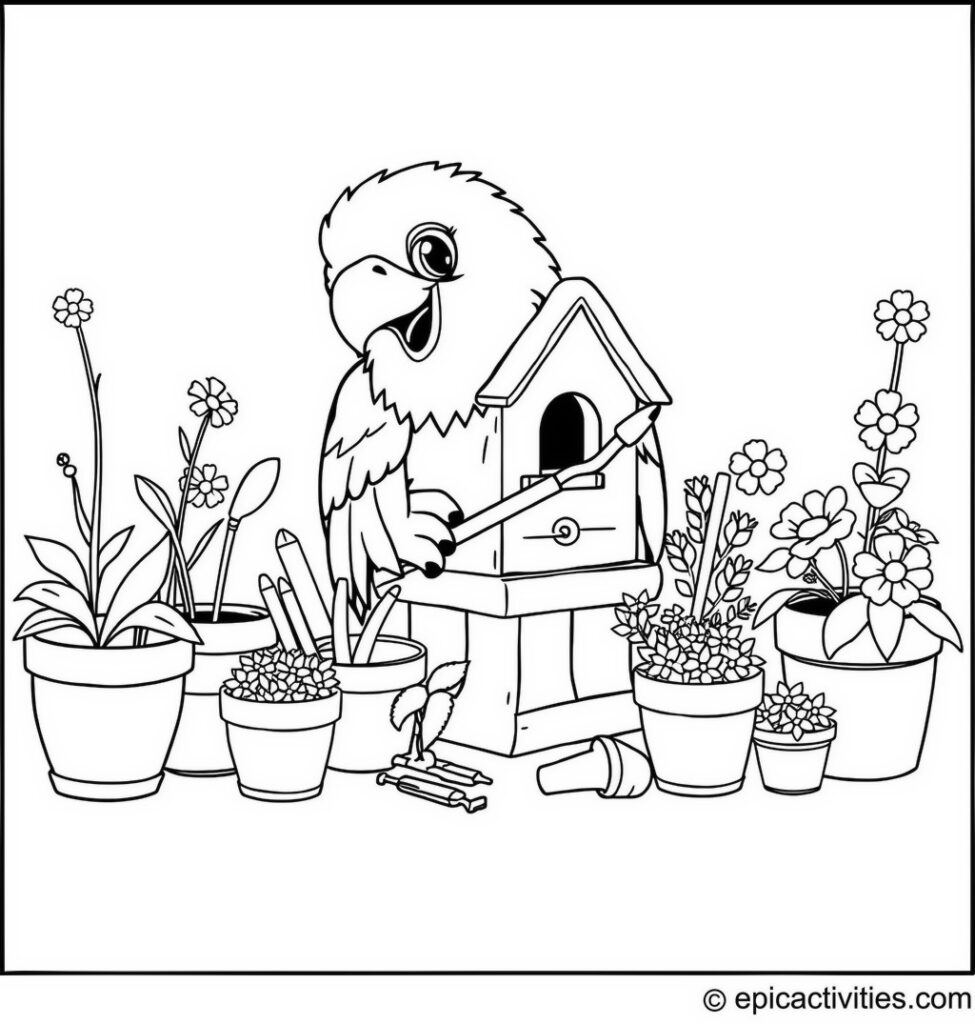 Coloring page of a cute eagle crafting a birdhouse with tools and paint surrounded by flower pots