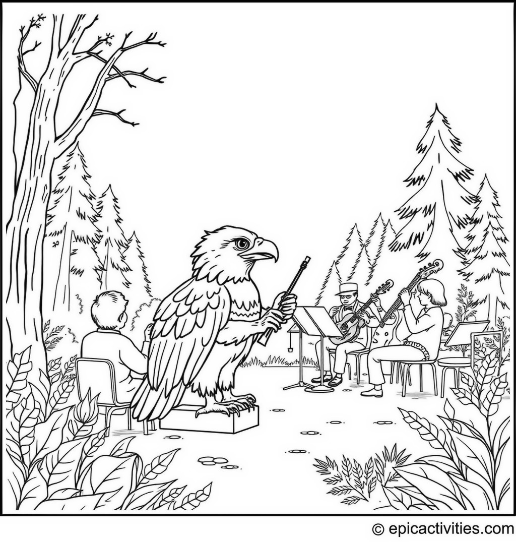 Coloring page of a cute eagle directing an orchestra in an open woodland setting