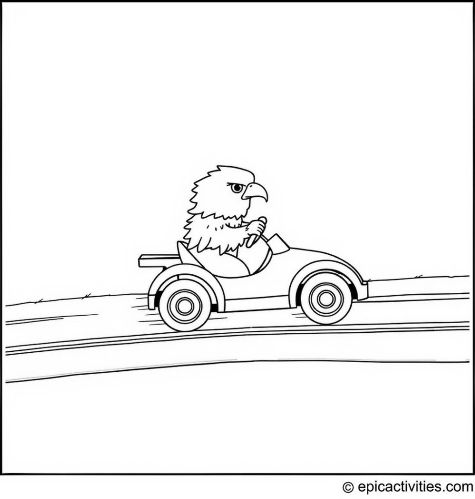 Coloring page of a cute eagle driving a toy car on a race track