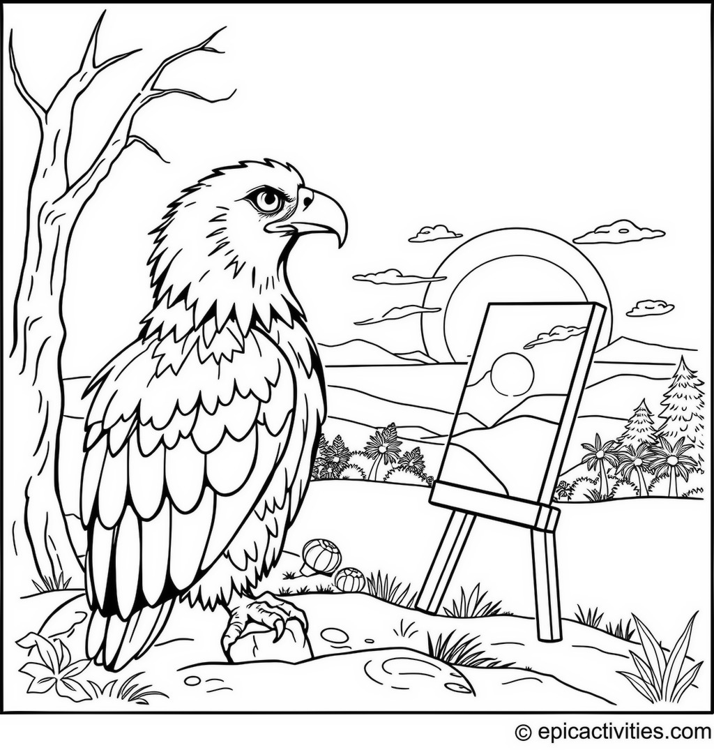 Coloring page of a cute eagle enjoying a quiet moment painting a beautiful sunset
