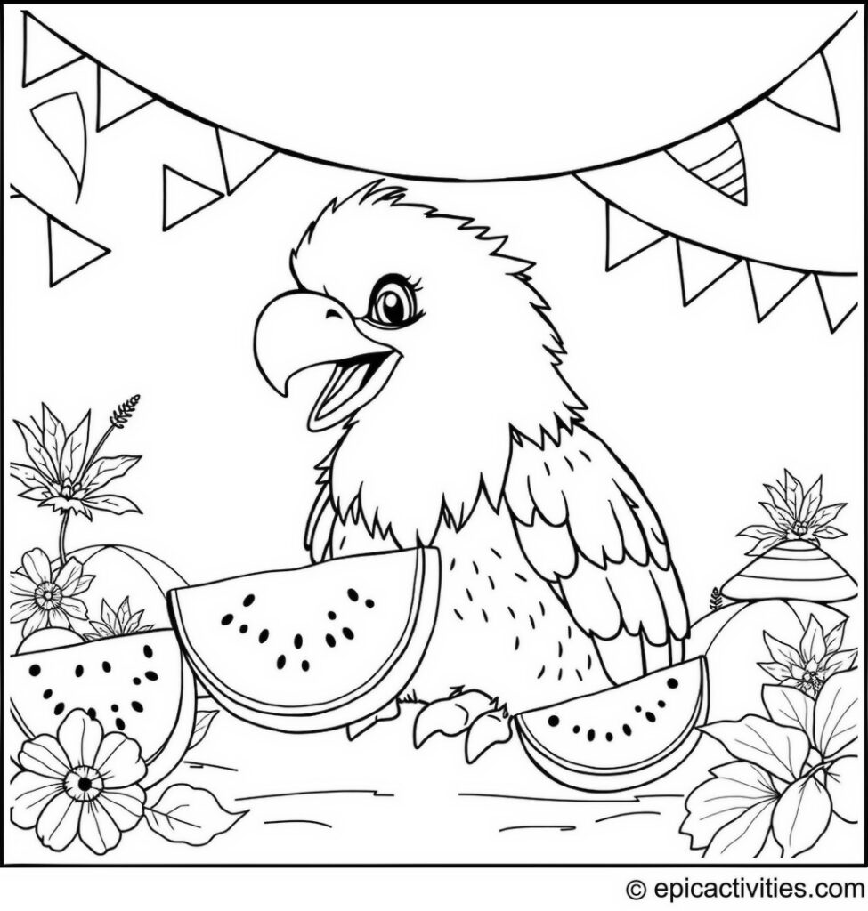 Coloring page of a cute eagle enjoying watermelon at a summer festival