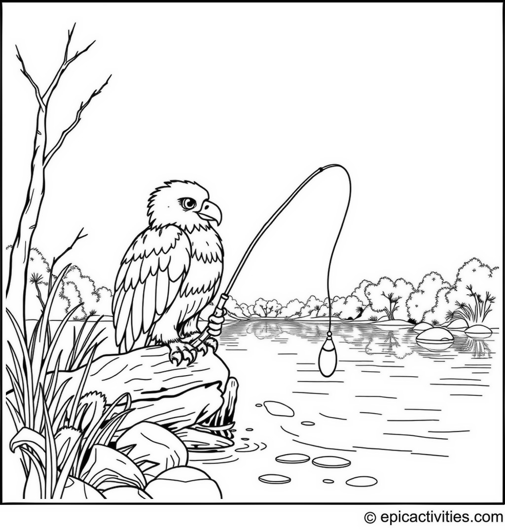 Coloring page of a Cute Eagle Fishing at a Peaceful River