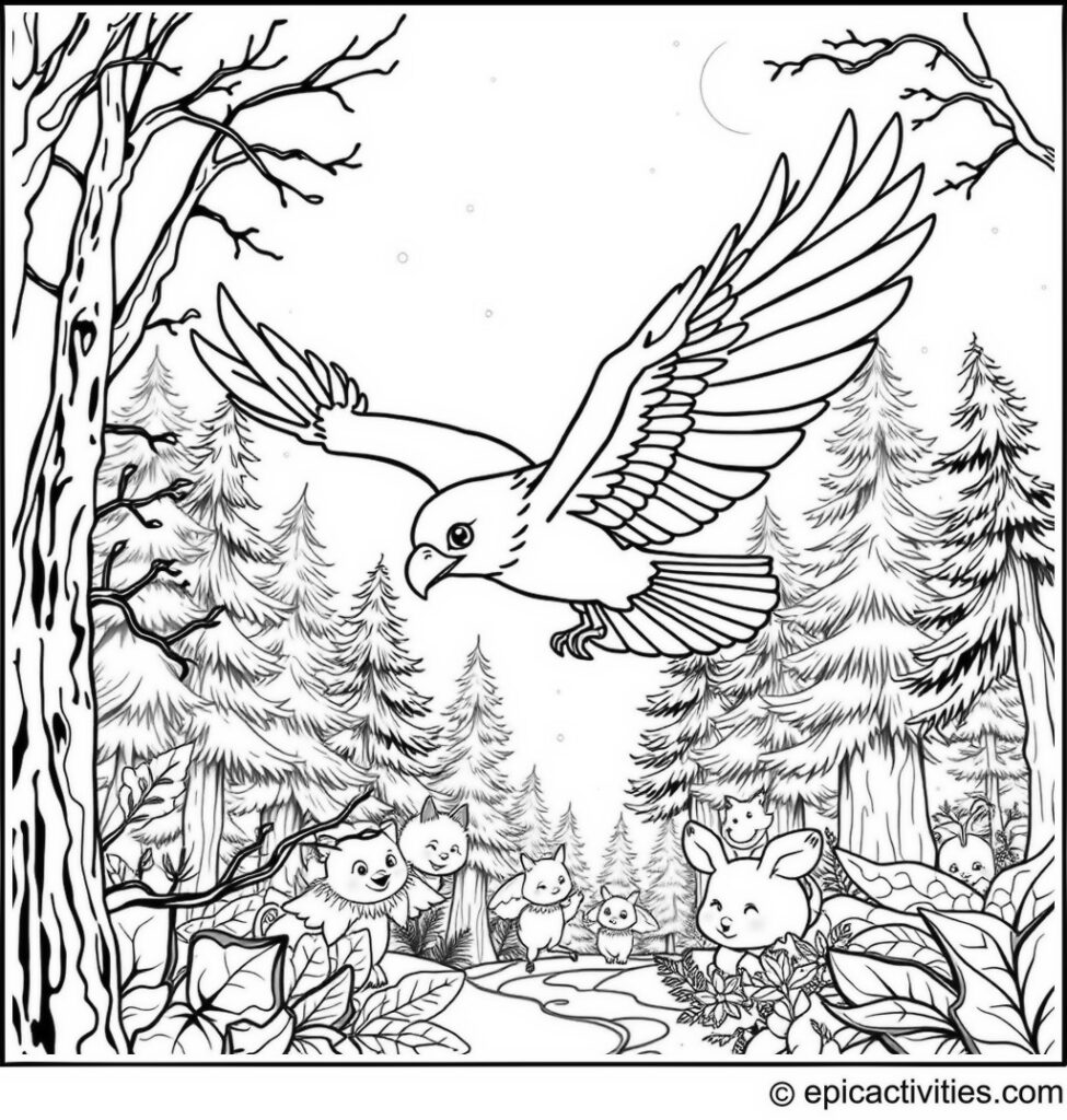 Coloring page of a cute eagle flying through a magical forest with fairy lights and mystical creatures