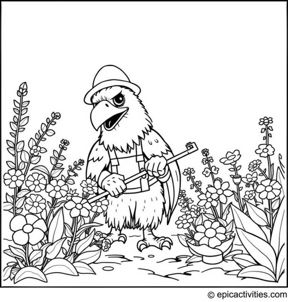 Coloring page of a Cute Eagle Gardener Pruning Colorful Bushes and Flowers