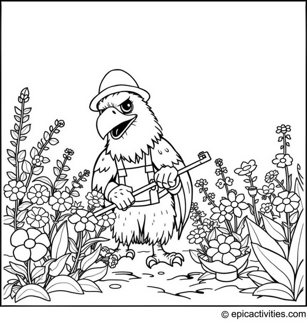 Coloring page of a Cute Eagle Gardener Pruning Colorful Bushes and Flowers
