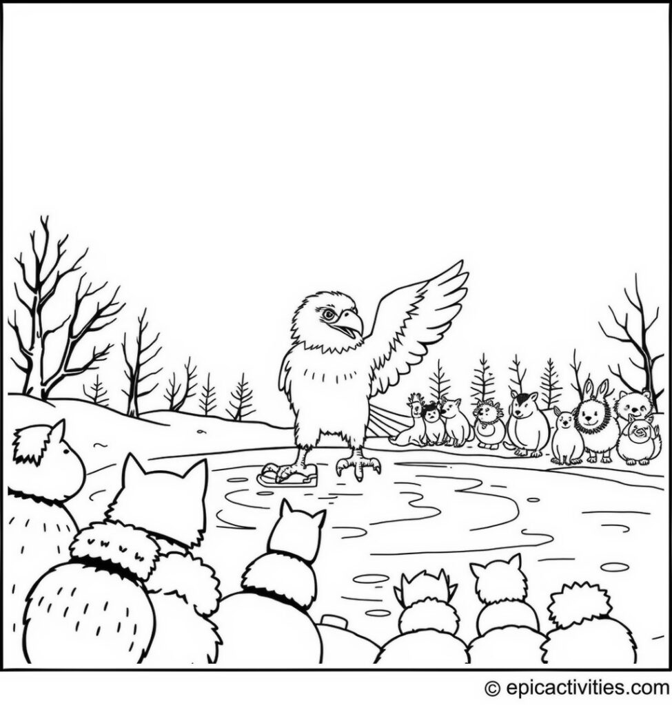 Coloring page of a cute eagle ice skating on a frozen pond with an audience of animals