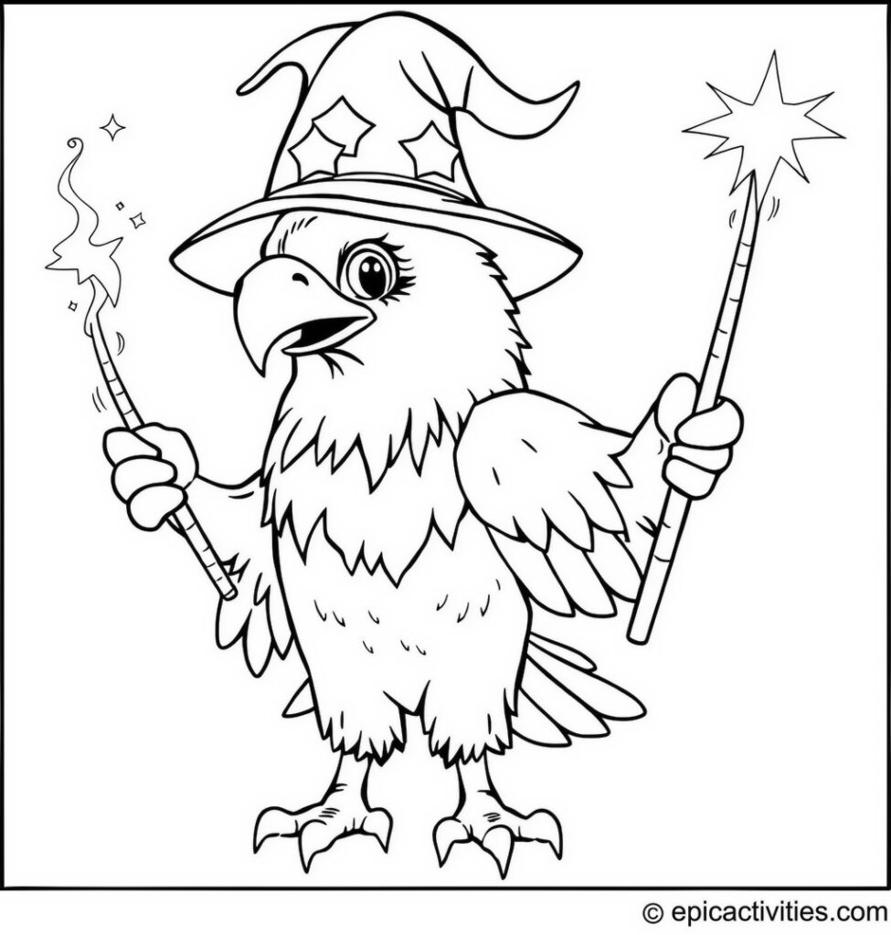 Coloring page of a cute eagle in a wizard hat casting spells