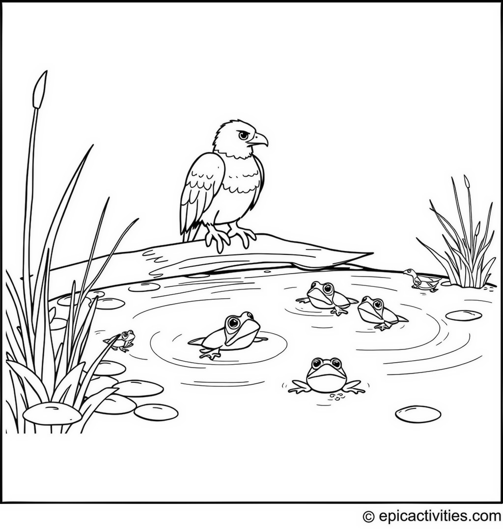 Coloring page of a Cute Eagle Lifeguard at the Pond with Frogs
