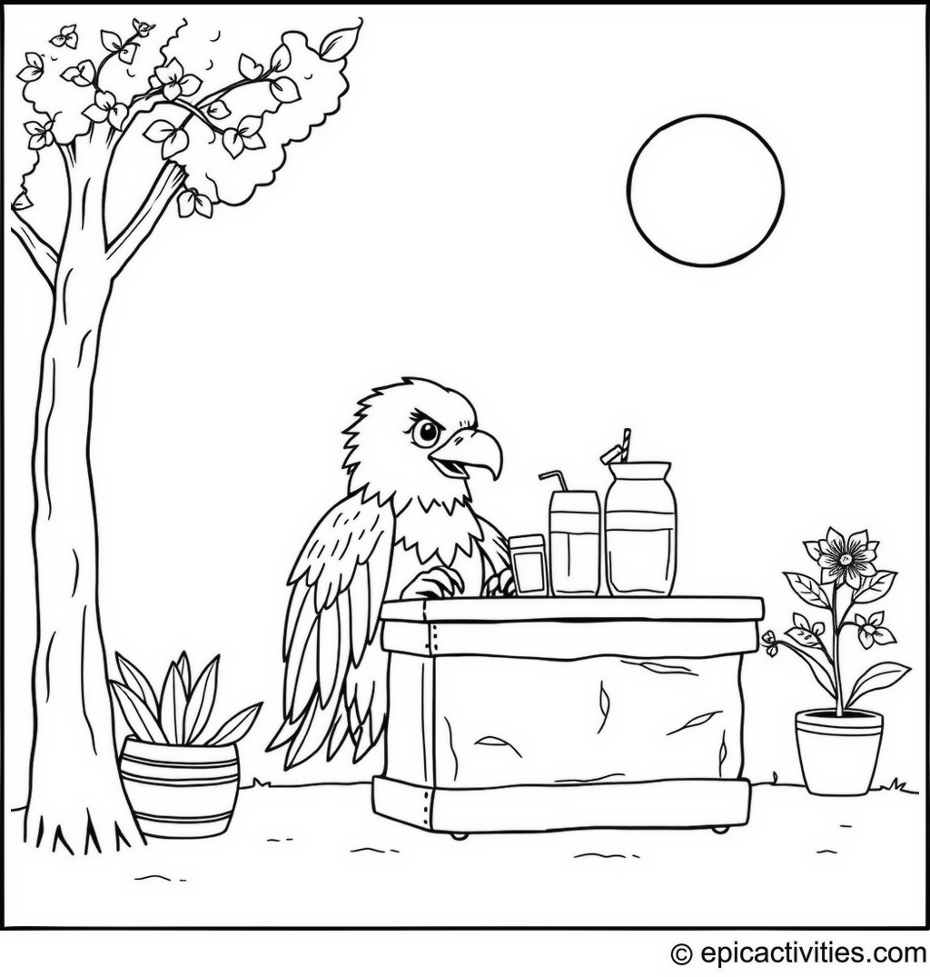 Coloring page of a cute eagle operating a lemonade stand on a warm sunny day
