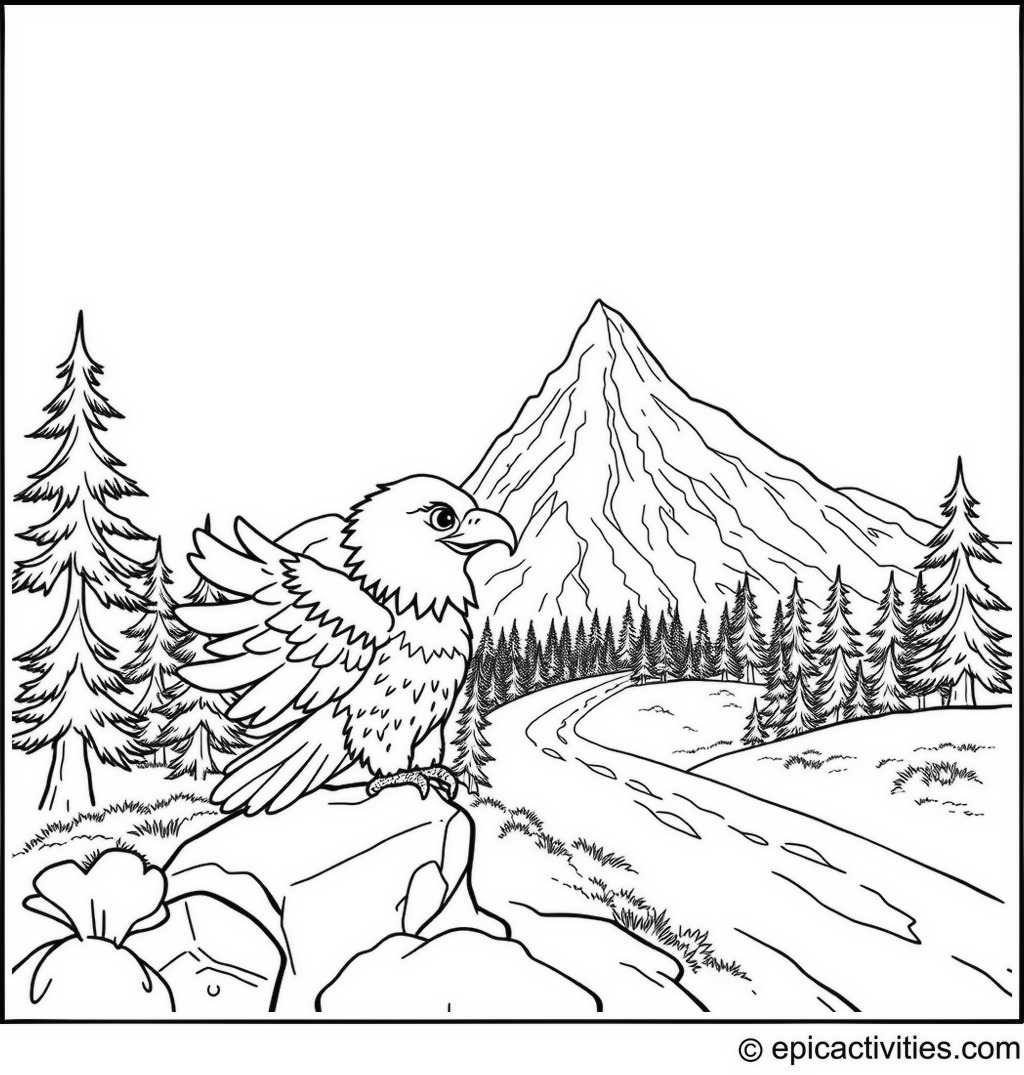 Coloring page of a Cute Eagle Organizing a Fun Race to the Top of a Majestic Mountain