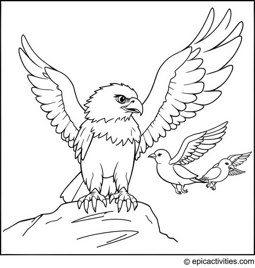Coloring page of a cute eagle overseeing a flight school for young birds learning to soar