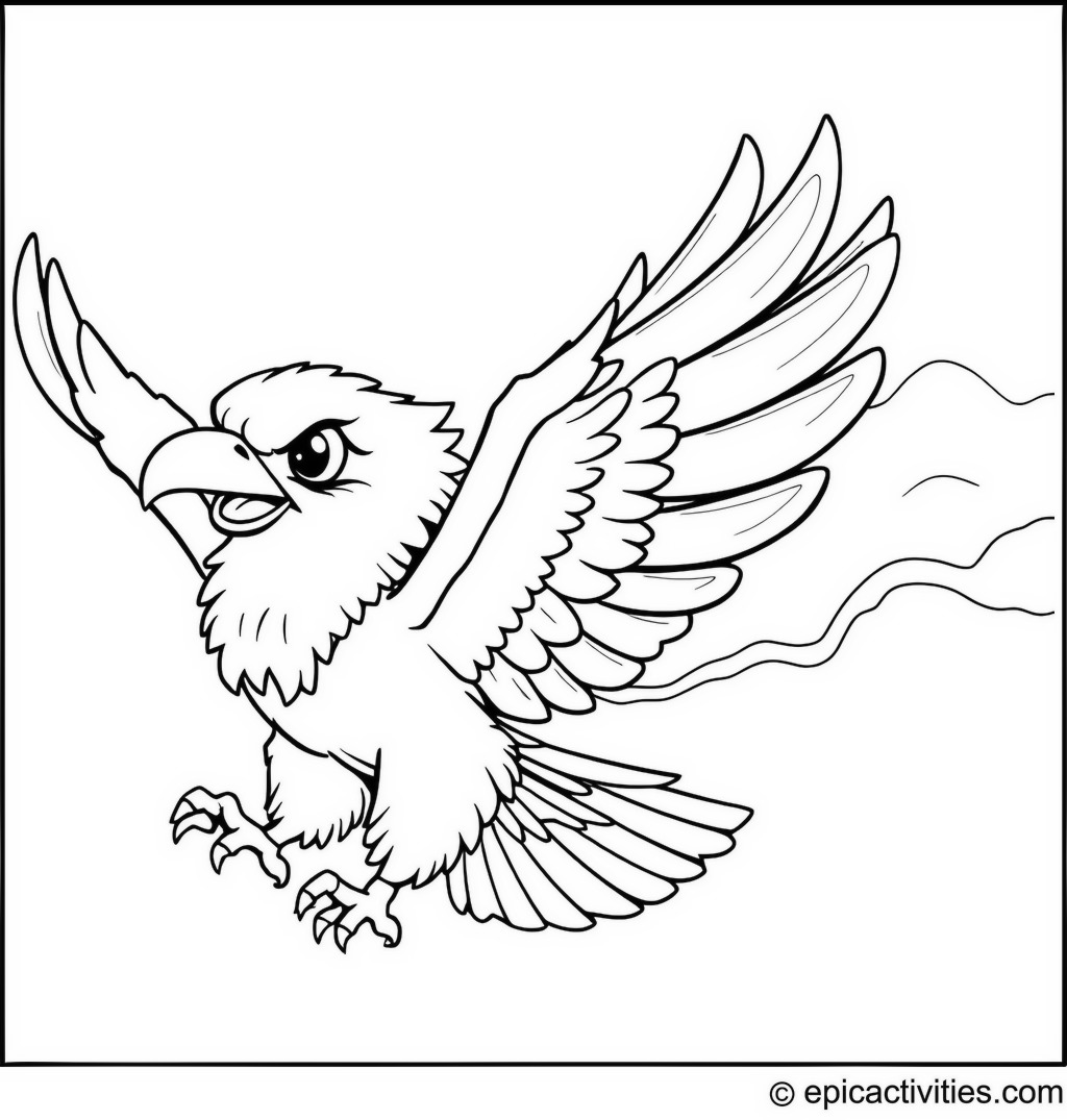 Coloring page of a cute eagle performing stunts at an airshow