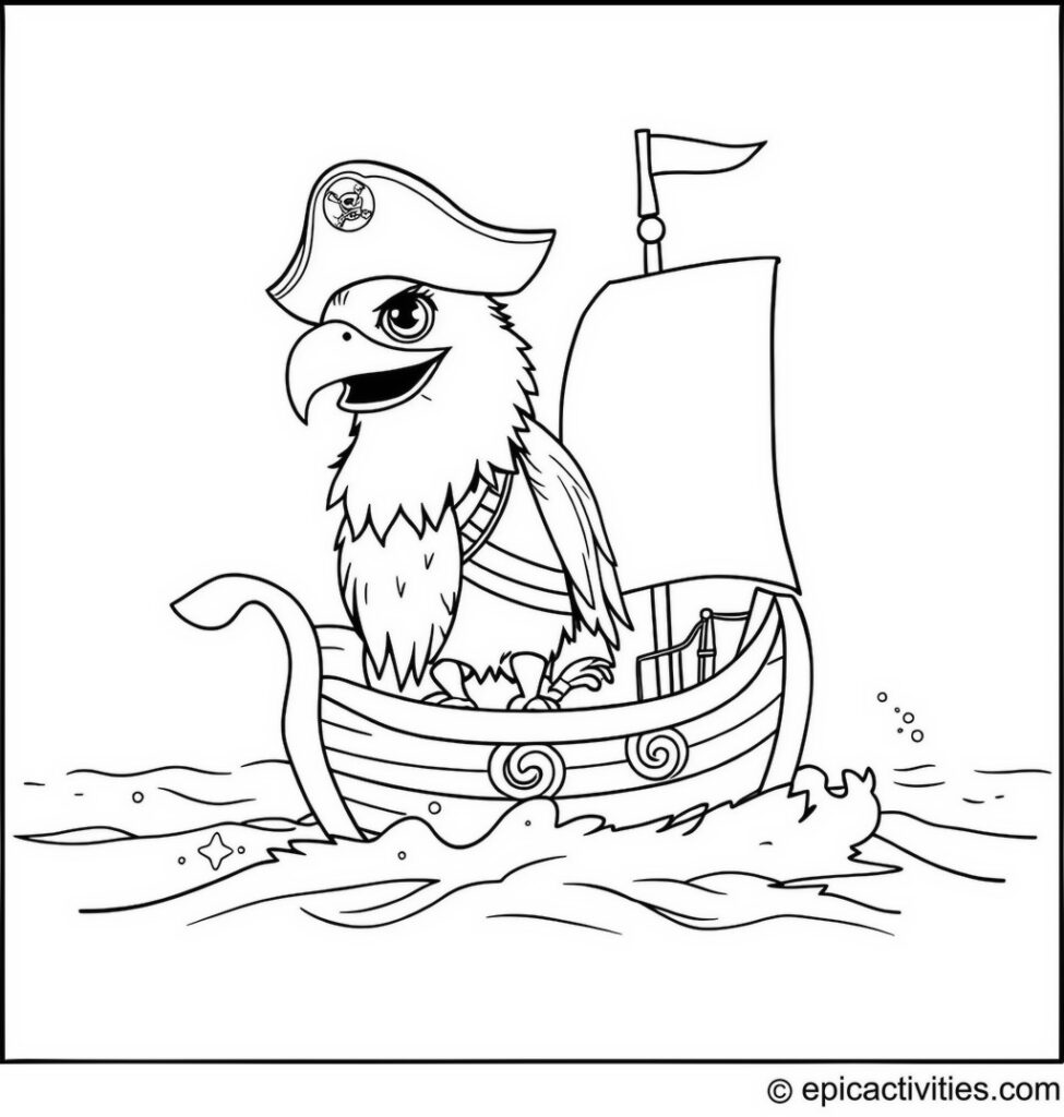 Coloring page of a Cute Eagle Pirate Captain Sailing a Whimsical Ship
