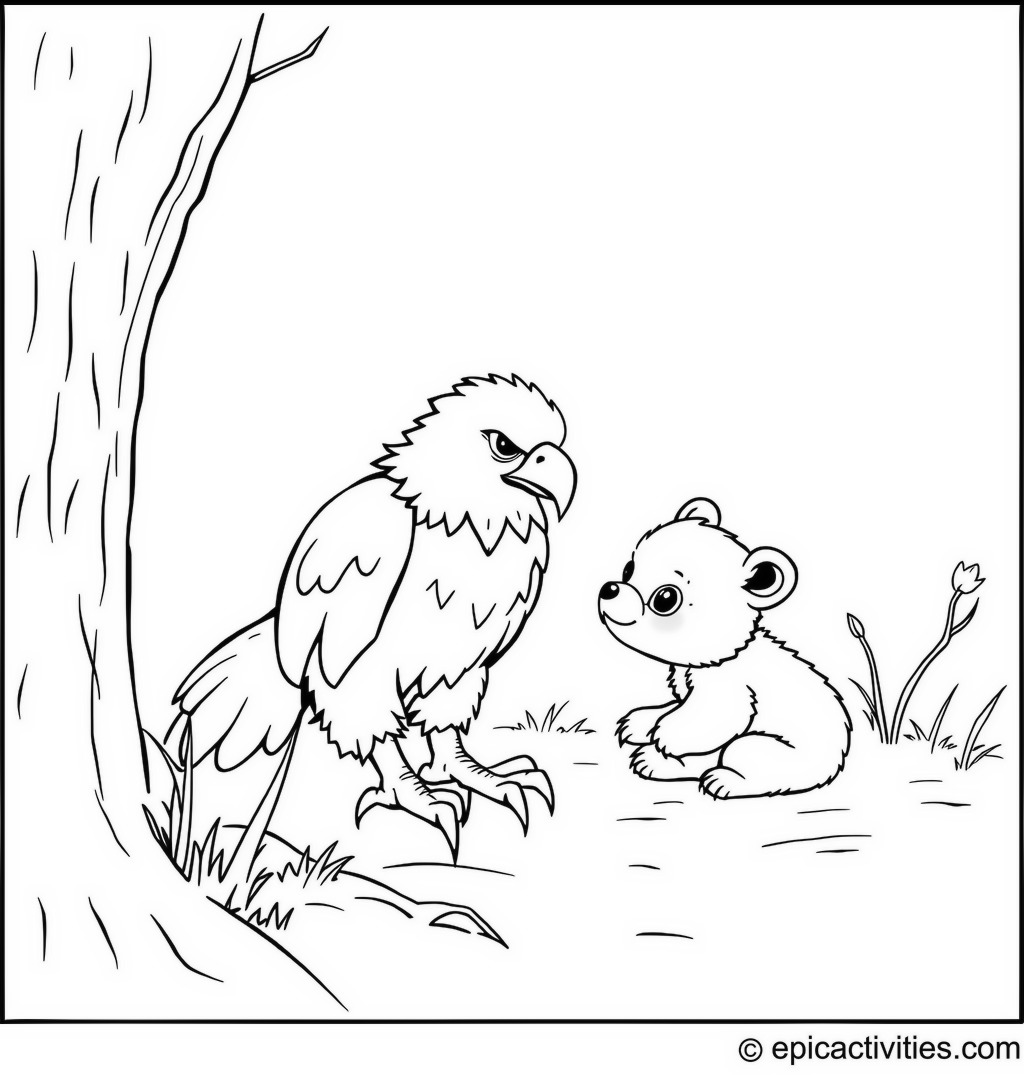Coloring page of a cute eagle playing hide and seek with a little bear cub