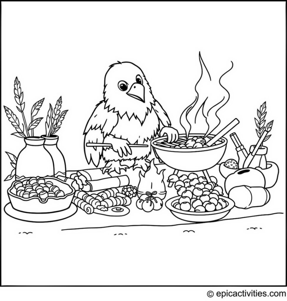 Coloring page of a cute eagle preparing a barbecue picnic