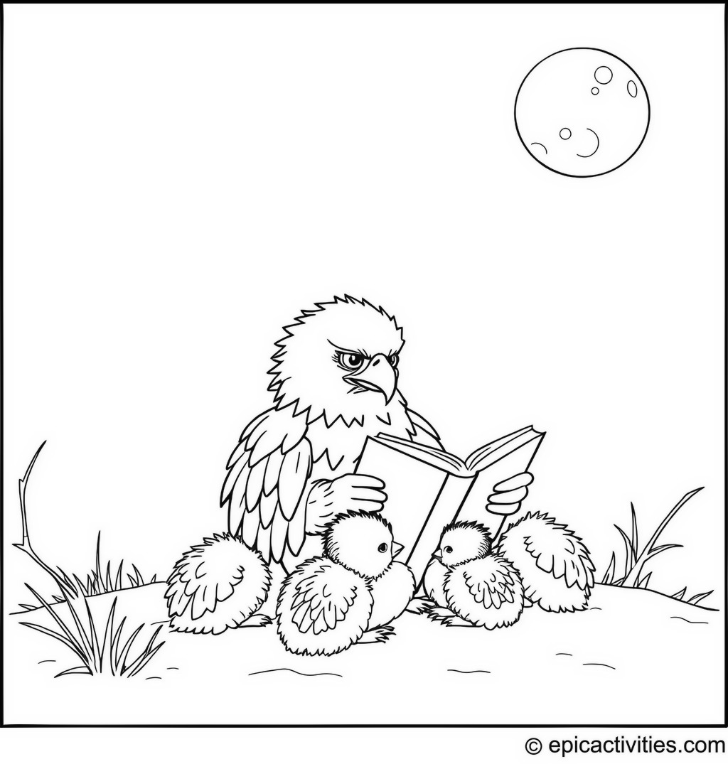 Coloring page of a Cute Eagle Reading a Bedtime Story to Hatchlings under the Full Moon