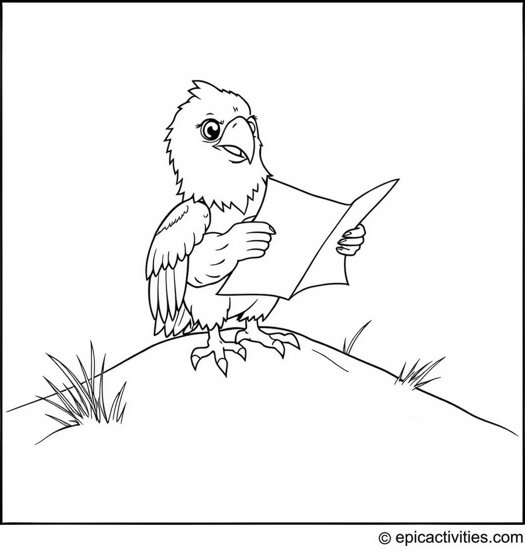 Coloring page of a cute eagle reading a treasure map on a sand dune