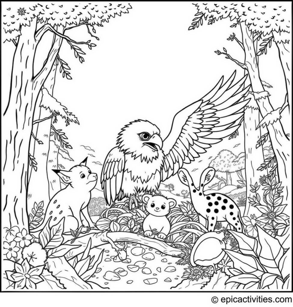 Coloring page of a cute eagle rescuing animals in a magical forest