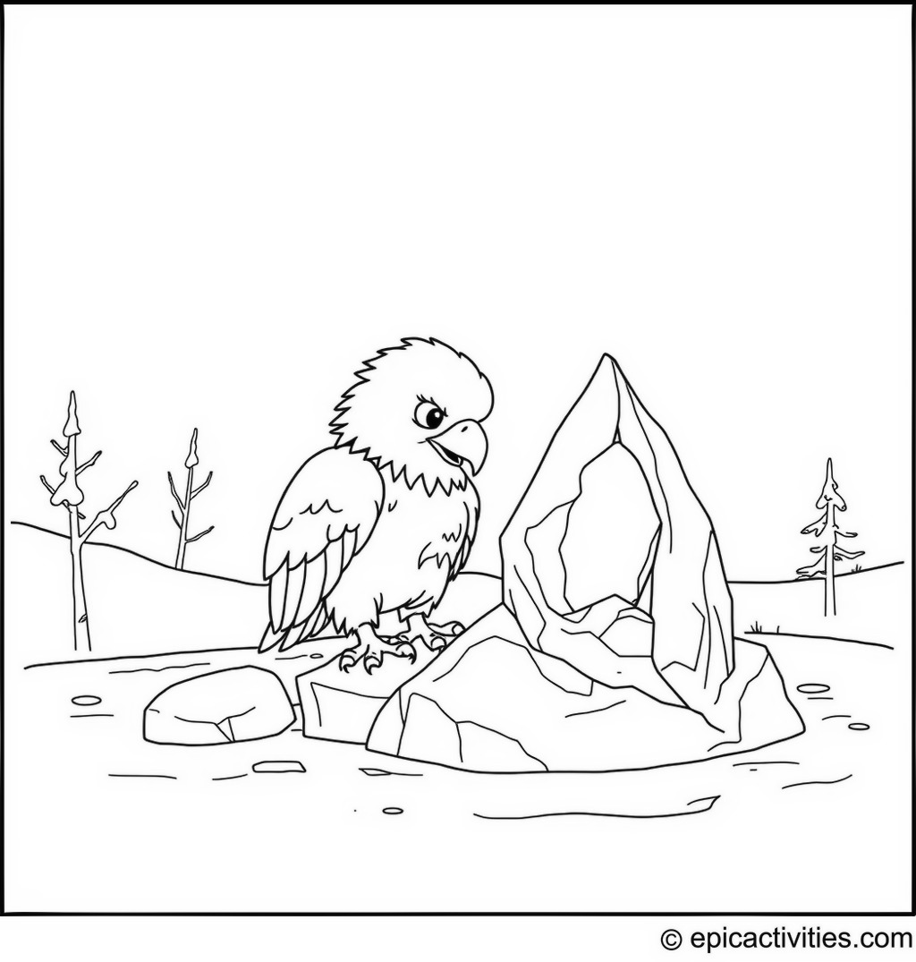 Coloring page of a cute eagle sculpting ice in a frosty landscape