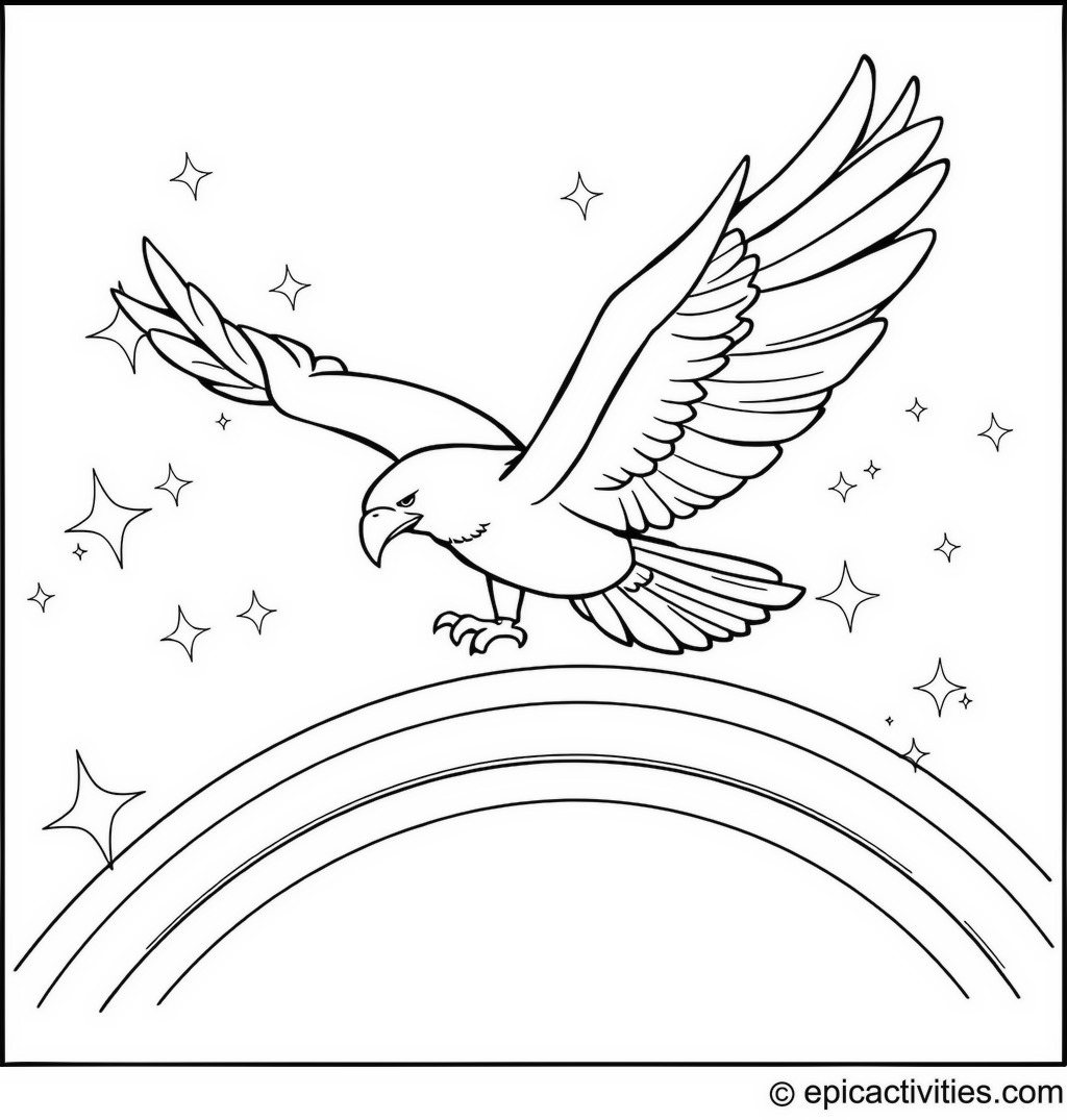 Coloring page of a Cute Eagle Soaring Over a Rainbow with Sparkles and Stars