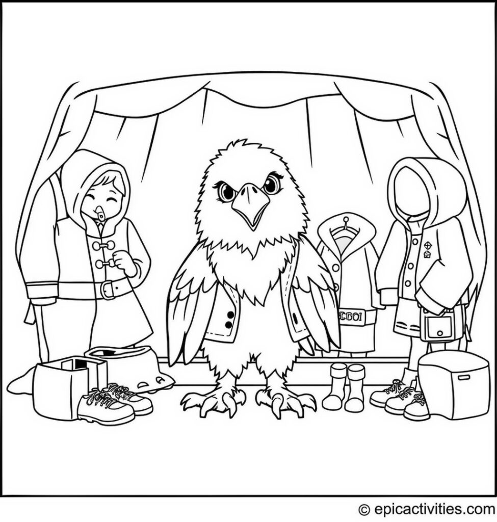 Coloring page of a cute eagle trying out different outfits from a costume trunk