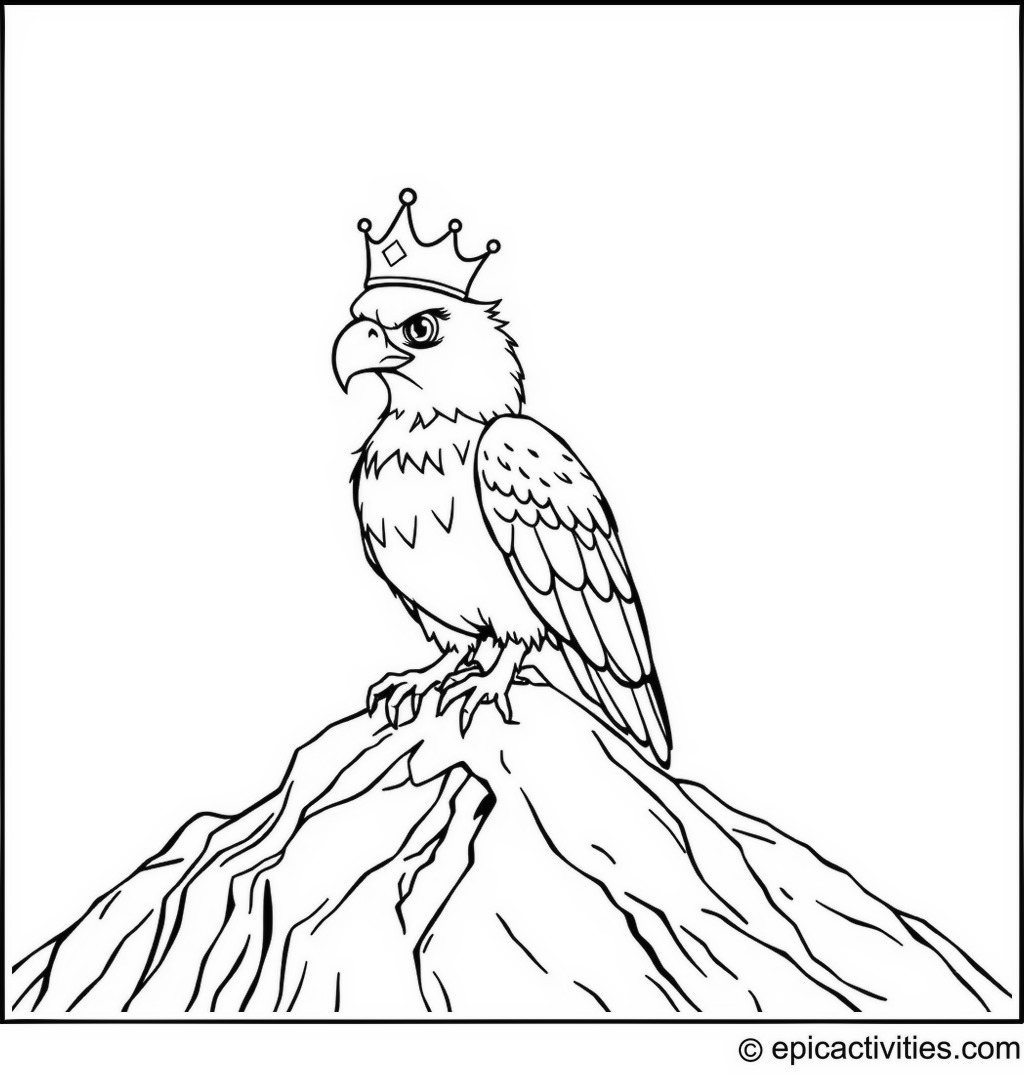 Coloring page of a cute eagle wearing a tiny crown perched on a mountain peak feeling like a king