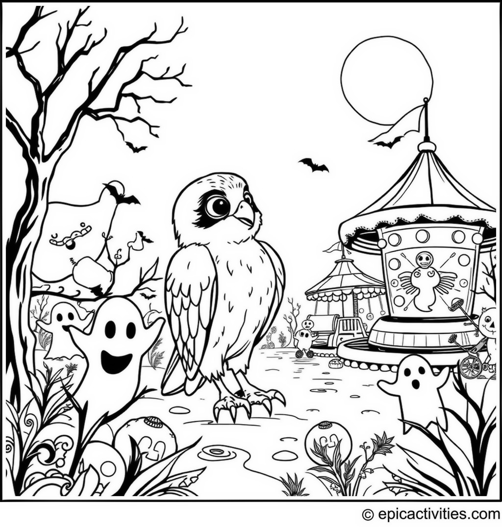 Coloring page of a cute falcon exploring a haunted fairground with friendly ghosts and spooky rides