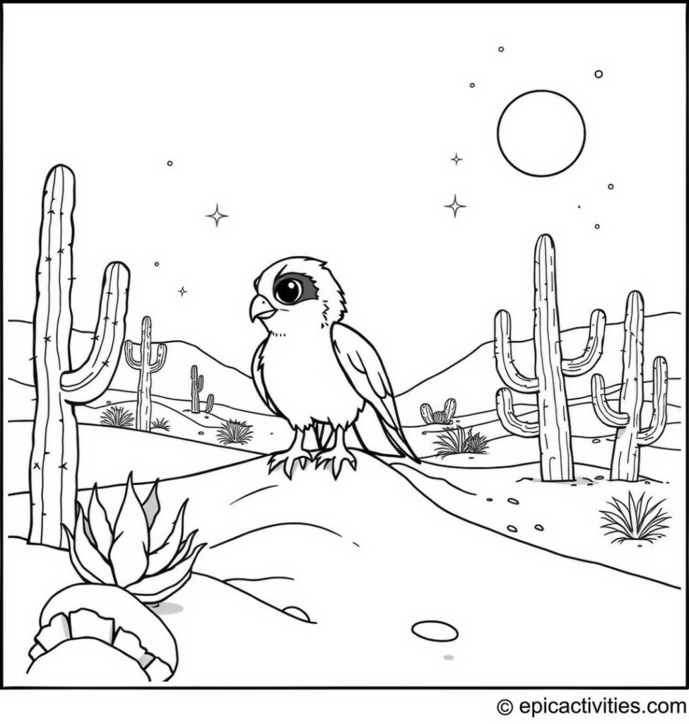 Coloring page of a Cute Falcon Exploring a Sparkling Desert