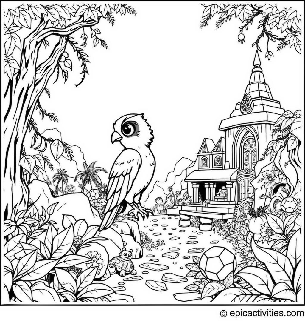Coloring page of a Cute Falcon Exploring an Ancient Temple