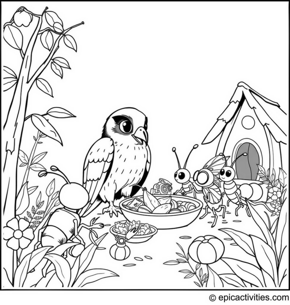 Coloring page of a cute falcon having lunch with giant insects in a bug village