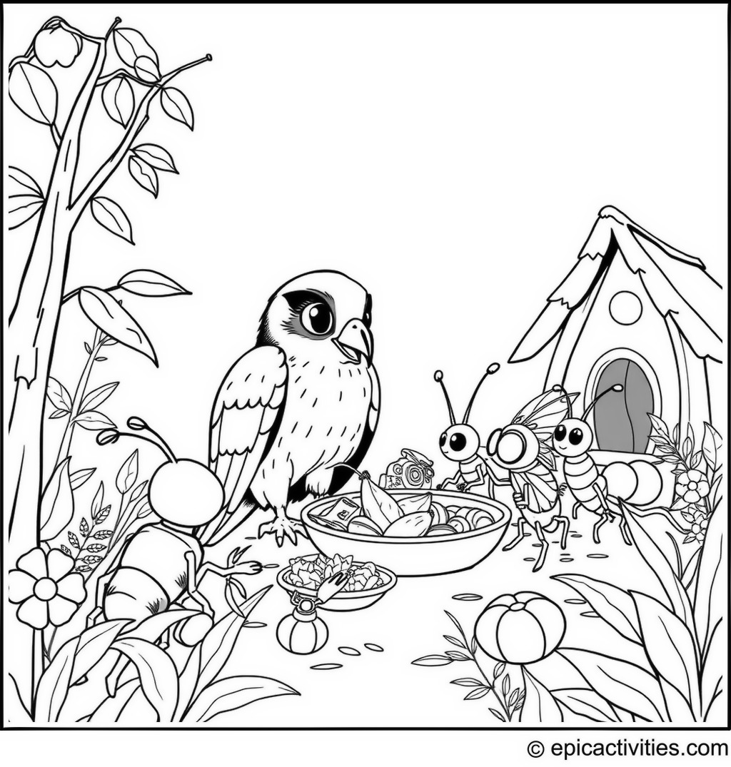 Coloring page of a cute falcon having lunch with giant insects in a bug village