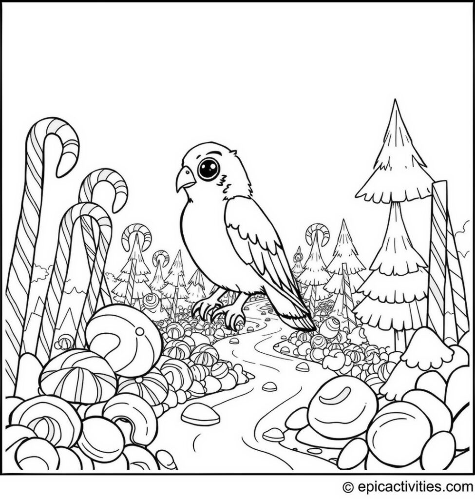 Coloring page of a Cute Falcon in a Candy Land