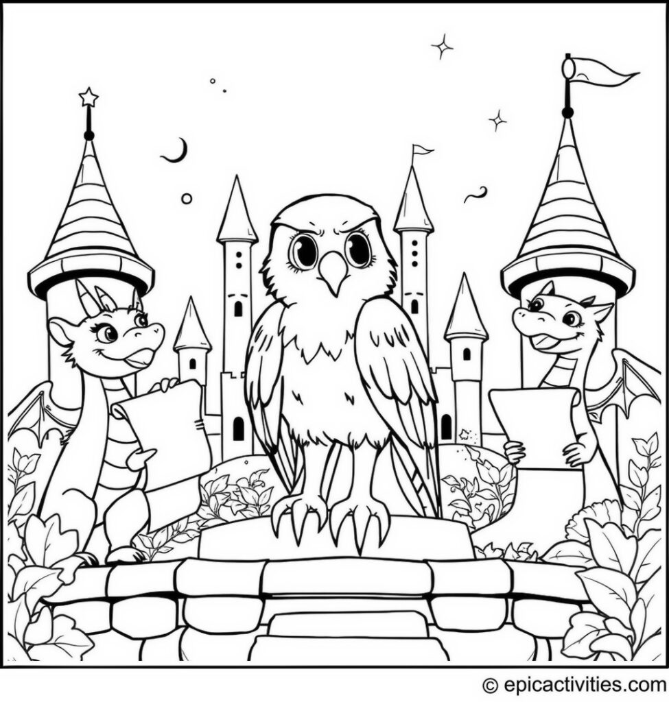 Coloring page of a Cute Falcon in a Fairy Tale Castle with Dragon Guardians and Magic Scrolls