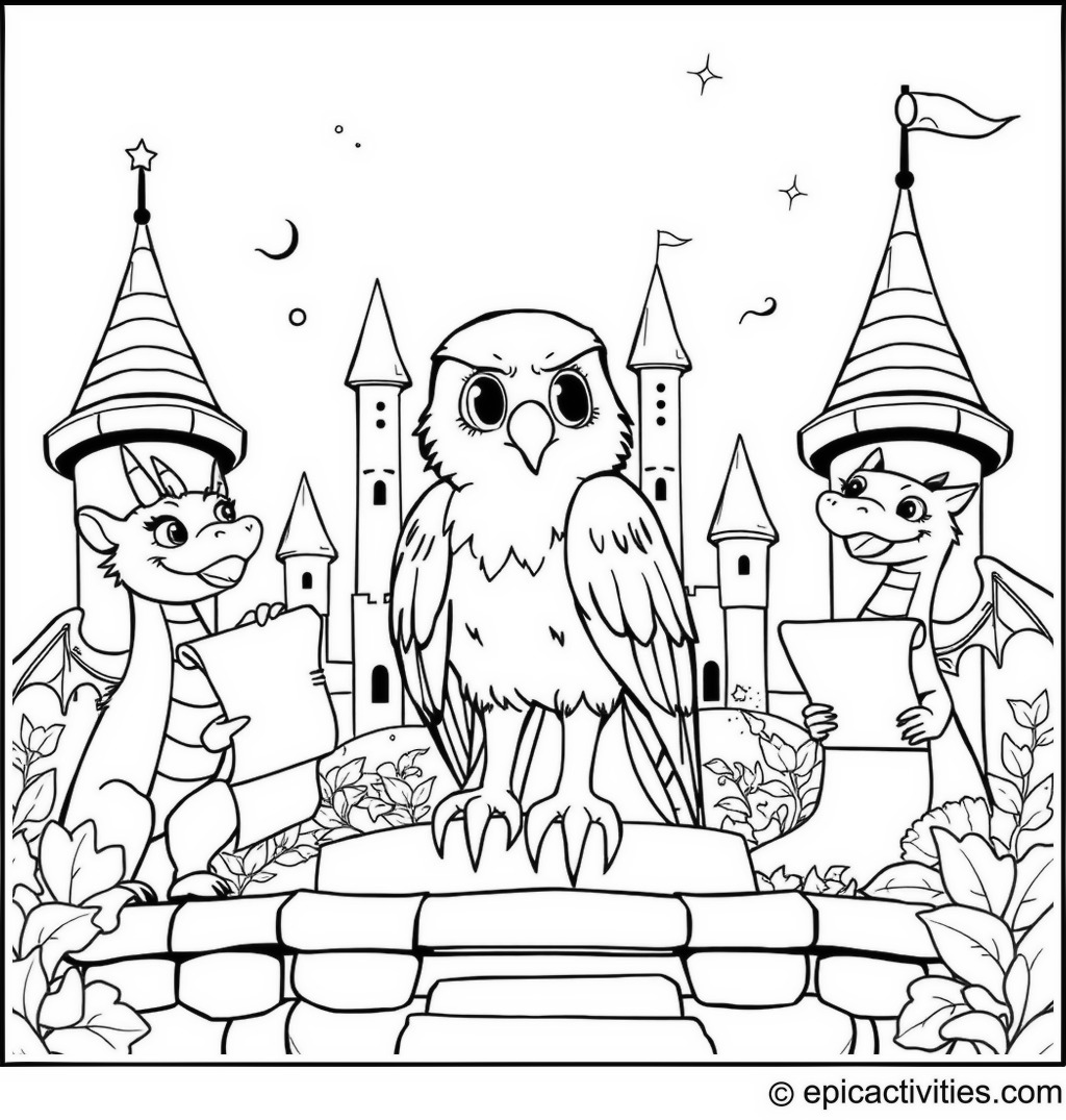Coloring page of a Cute Falcon in a Fairy Tale Castle with Dragon Guardians and Magic Scrolls
