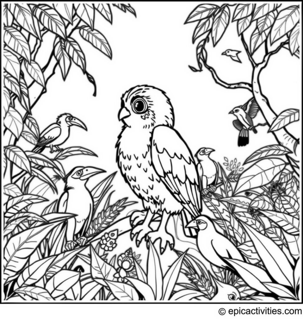 Coloring page of a Cute Falcon in a Jungle